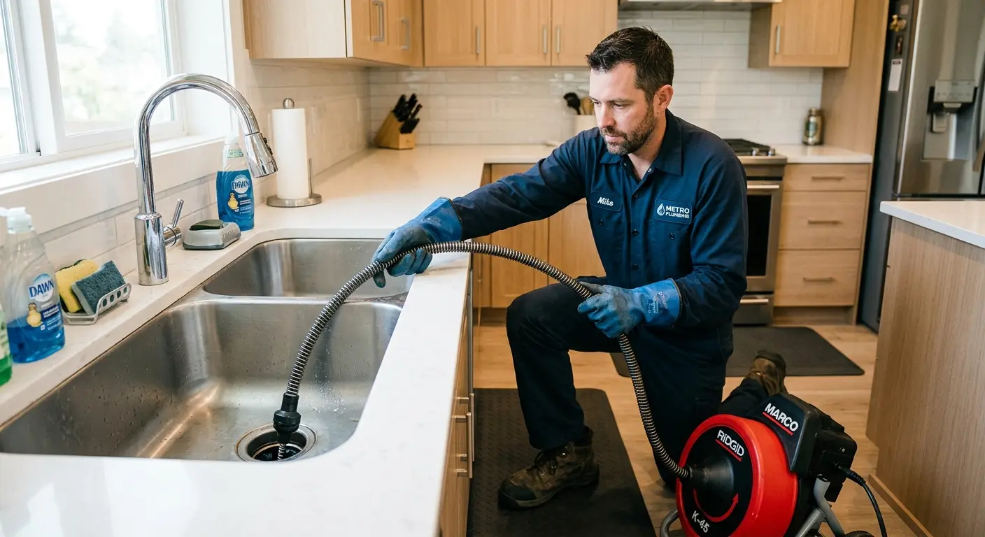 Drain cleaning technician using a motorized snake on a kitchen sink in Medford