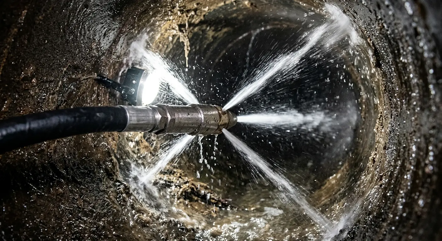 High-pressure hydro jetting nozzle cleaning sewer pipe for Emergency Drain Service in Medford