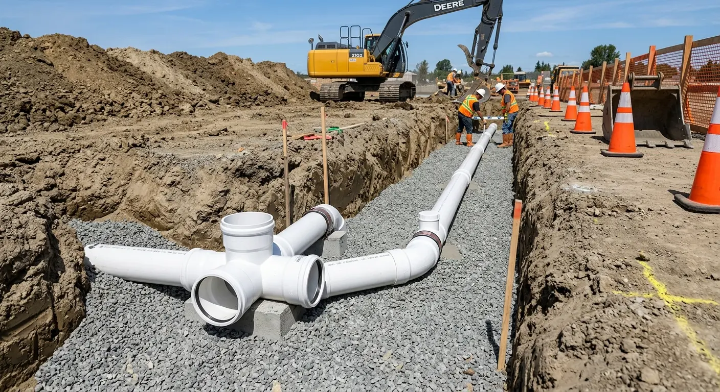 New PVC sewer pipe installation in open trench for Grease Trap Cleaning in Medford
